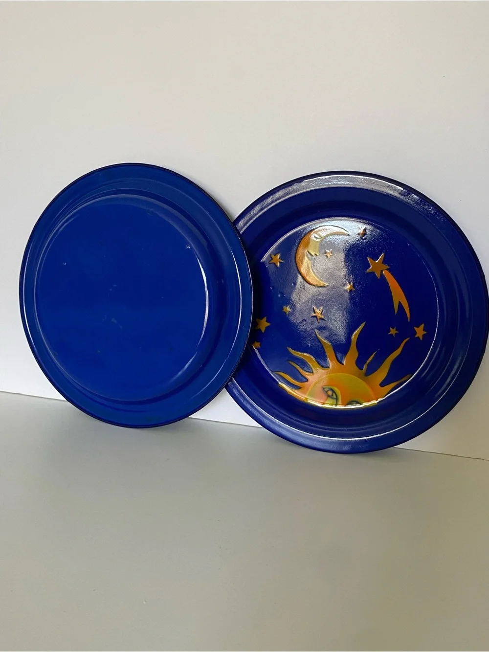 Vintage Kockums Sweden Enamelware 2 Plates Celestial Sun Noon Stars 8.75” Blue